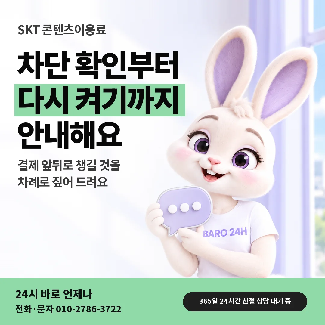말풍선을 든 BARO 24H 티셔츠를 입은 3D 토끼 캐릭터 옆에 「SKT 차단 확인부터」 제목을 얹은 안내 카드