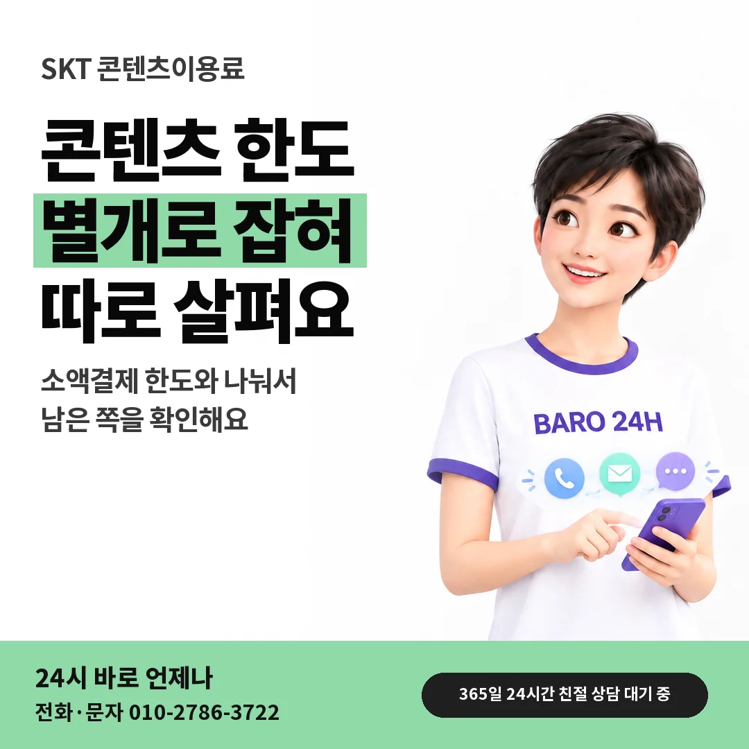 BARO 24H 티셔츠를 입은 3D 인물 옆에 「SKT 콘텐츠 한도 따로 확인」 제목을 얹은 안내 카드