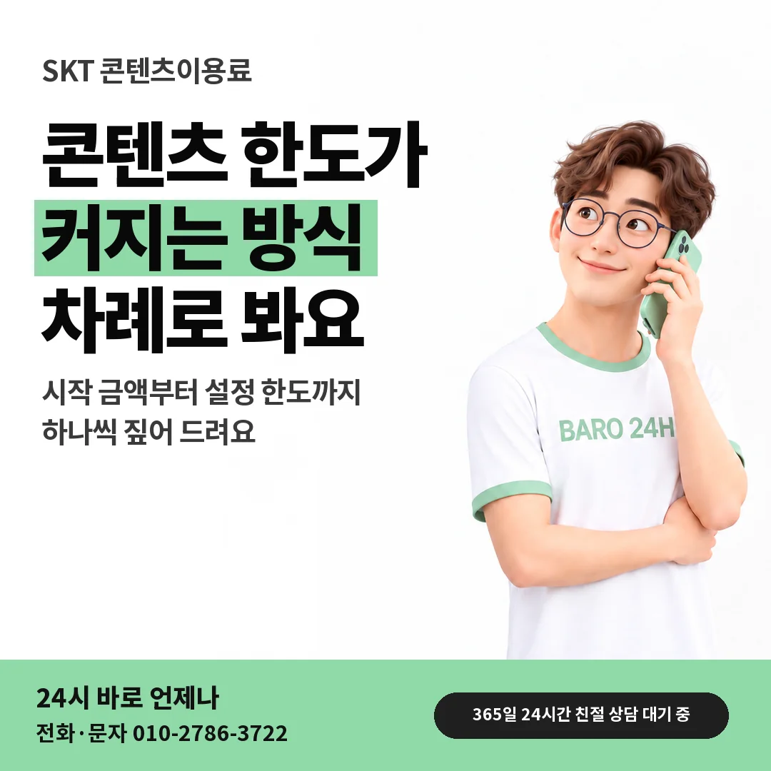 BARO 24H 티셔츠를 입은 3D 인물 옆에 「SKT 콘텐츠 한도 키우기」 제목을 얹은 안내 카드